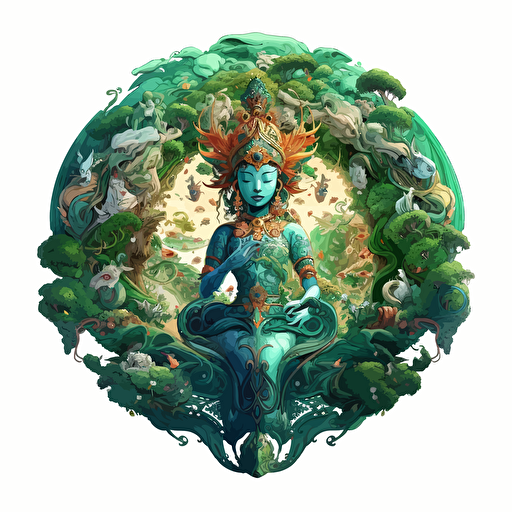 round up design with digital illustration of green tara, magic world inspired by Studio Ghibli, vector illustration, intricate details, unreal engine, extremely high detailing, sharp, white background
