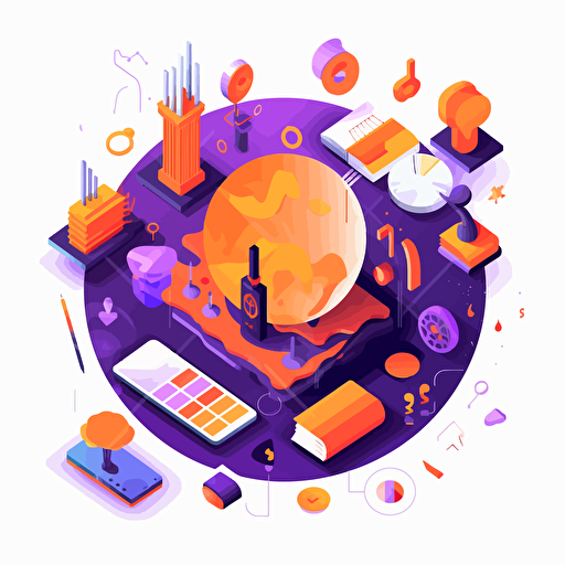 flat modern vector image of the concept of resources, complemenatry colours, bright orange and purple, high resolution, white background, creative visualization, detailed