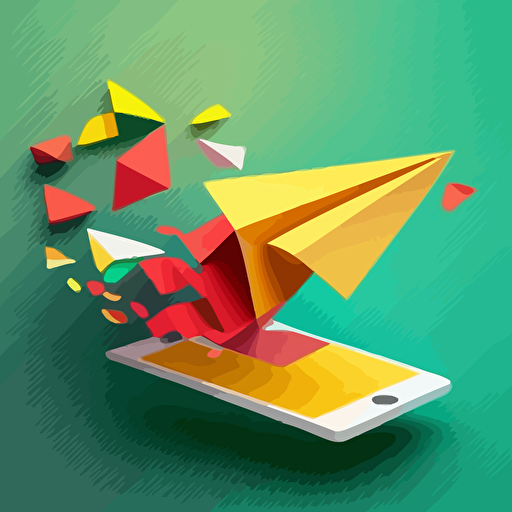email arriving in inbox on phone, illustration, paper airplane flying around, vector, primary color