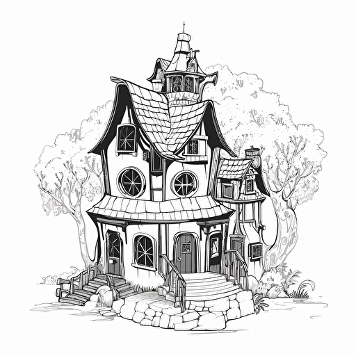 a tall whimsical black and white medieval hobbit house, in a flat 2d vector style, black and white, no perspective