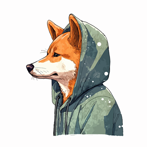 2/3 left side profile shot, cartoon 2d, Shiba Inu wearing a hoodie, cartoon anime, colors, surreal, Vector illustration, white background