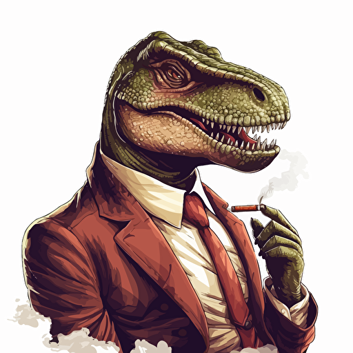 T-rex smoking a big cigar, wearing a business suit, on blank white background, vector art, 2d