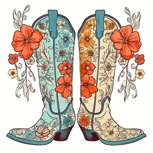 adorable brightly colored pair of cowboy boots with floral design on a white background + doodle style + white background + simple vector + bright colors