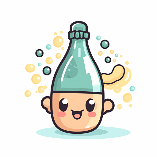 Kawaii floating champaign bubble ny themseles, sticker, flat, 2D, vector, 16 colors, white background, in anime chibi style