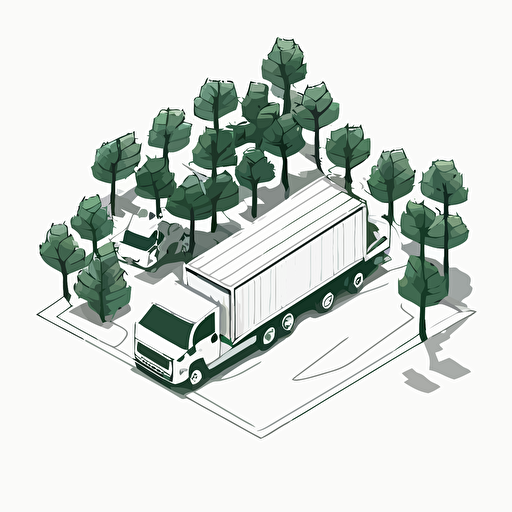 vector design, only Truck loaded with trees viewed vertically from above, white background, black outline