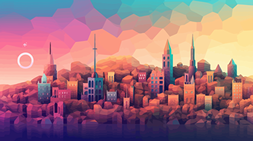 a European city with cryptocurrency rising into the sky, vector, gradient, lower poly