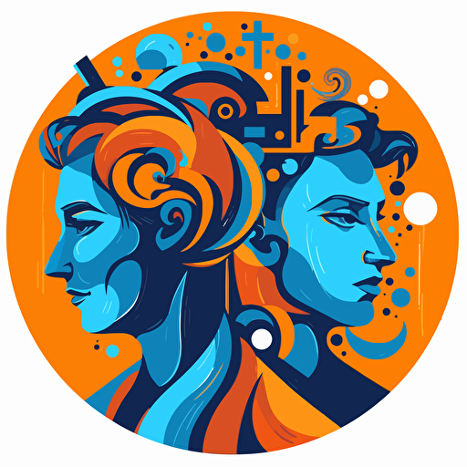 imagine flat vector icon, expert partnerships, blue and orange and dark gray, graffiti style