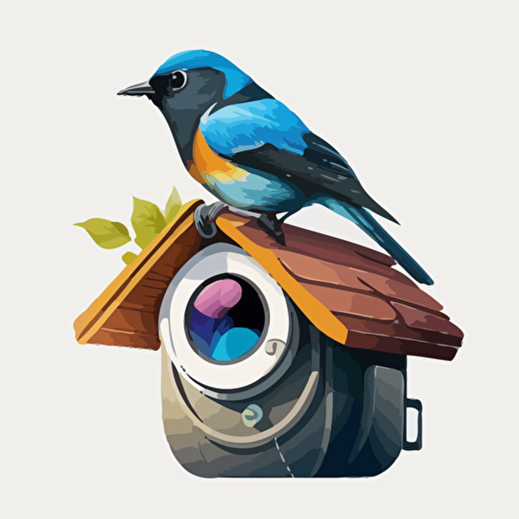 a birdhouse that looks like a DSLR, apus apus perched on the lens looking down at the camera, vector image, simple, three color, blue, black, white