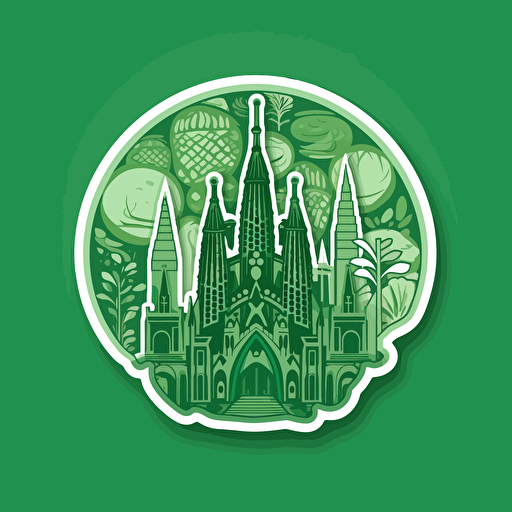 sagrada familia, vector sticker design, white outline, super crisp edges, green background