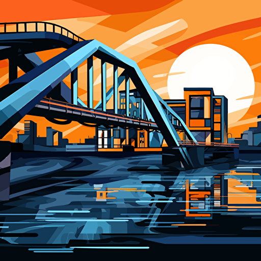 a vector image of a community building bridges, urban, blue and orange and dark gray, graffiti style