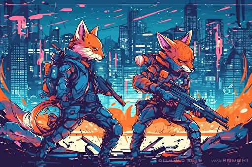 fight between FOX cyber punk and fox dark forces outfit battle, city cyber punk, anime background, vector