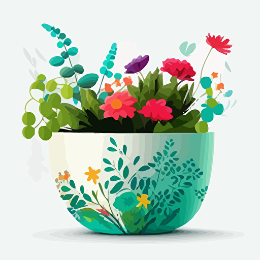 create a simple minimalistic vector style green planter full of amazingly colorful flowers vector style on white background