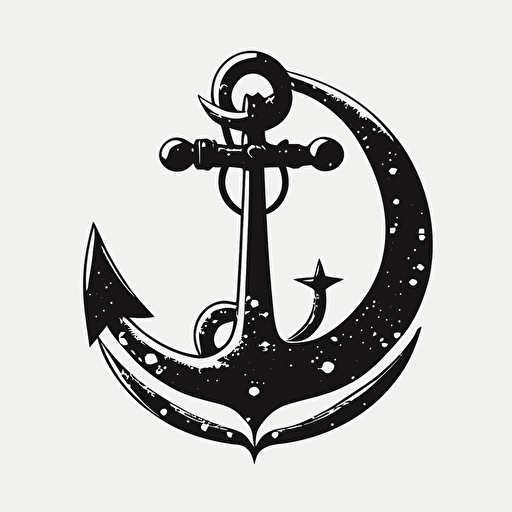 vector logo of an anchor that loosely resembles a crescent moon and star in a simple, solid black and white stye. The anchor should be slightly tilted and the star should be connected to the crescent moon