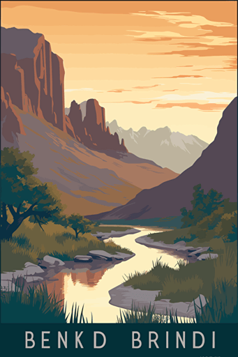 Big Bend National Park Travel Poster, 29.25°N 103.25°W, artstation clear and sharp, daybreak, flat, vector,