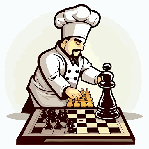 chef playing chess on a chess board, vector mascot, white background