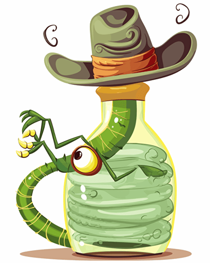 vector illustration worm wearing a sombrero inside a tequila bottle, no background, cartoon style