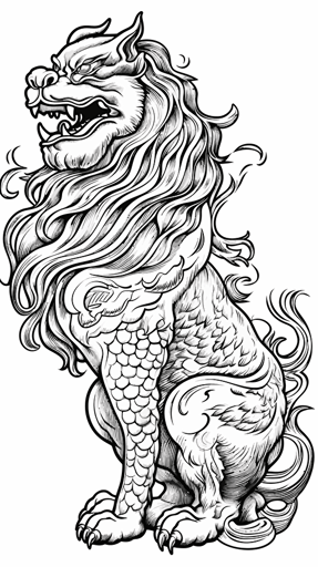 vector created in Adobe Illustrator of a shisa guardian lion-dog, black line work, no color, side view, white background