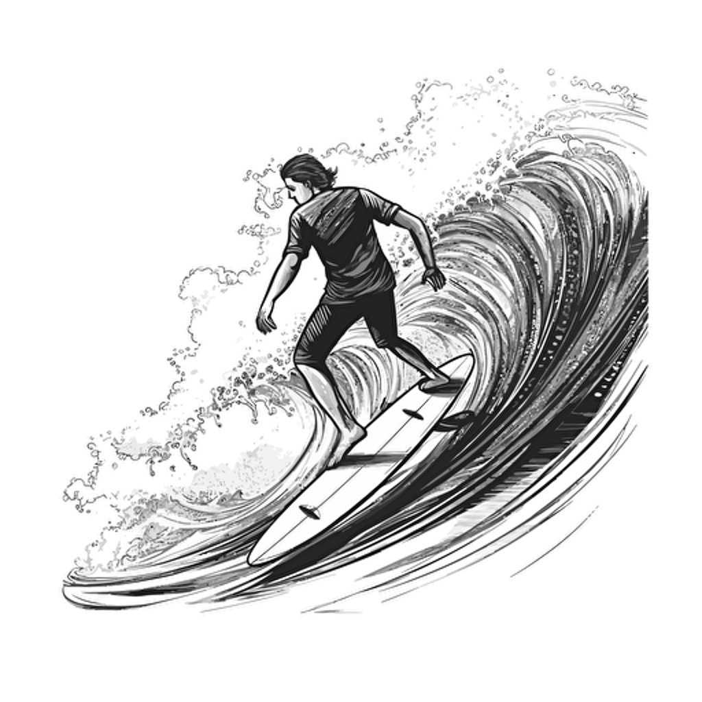 black and white, simple and beautiful, vector art, white background, surfer riding a longboard, hanging 10