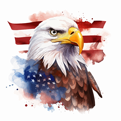 american flag eagle, detailed, cartoon style, 2d watercolor clipart vector, creative and imaginative, floral, hd, white background