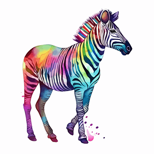colorful zebra, detailed, cartoon style, 2d watercolor clipart vector, creative and imaginative, hd, white background