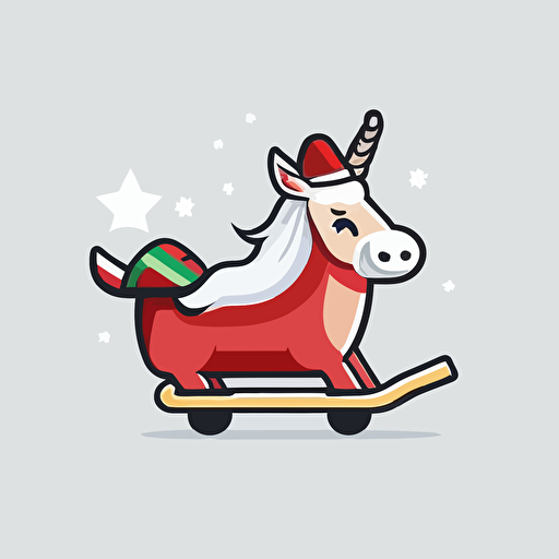 funny unicorn pulling santas sled, vector logo, vector art, emblem, simple cartoon, 2d, no text, white background