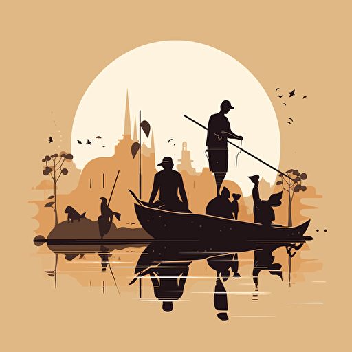 ancestral humans fishing, minimalist design, vector