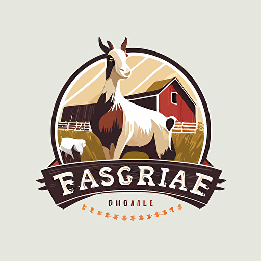 logo, simple vector, goat in front, horse on the side, rabbit laying down, chicken all around, colorfull farm in backround
