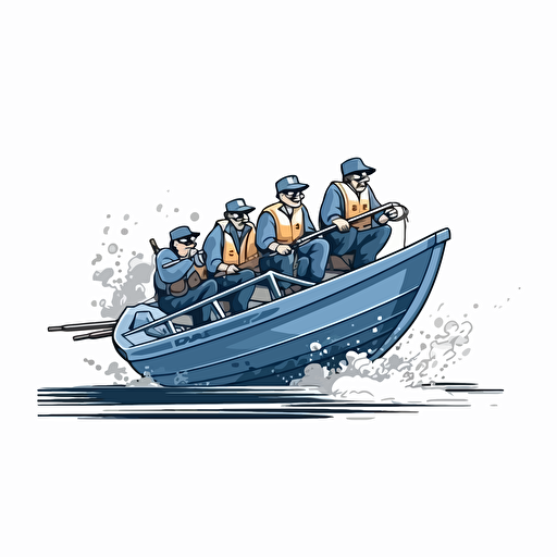 a fishing rowing boat race in the water with speed look, cartoon, blue color, white background, vector
