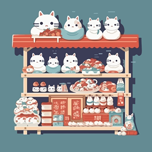 japanese market cart stall, white lucky cat ornaments neatly on shelf, vector, simple, flat style