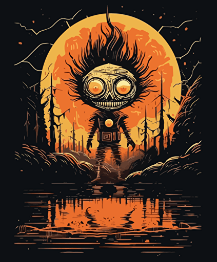 horror pinochio, vector, drybrush, flat illustration, linoprint, dark fantasy, horrific, oni, paranormal, weirdcore, whimsigothic
