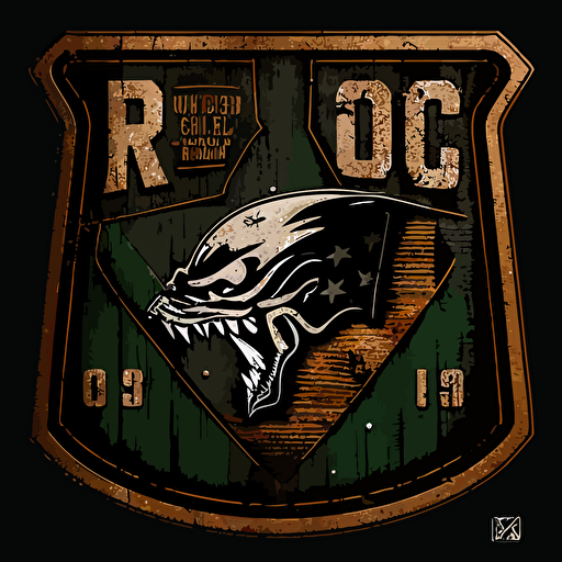 "RC08" logo patch with a wild board roaring, vector, black background, US ARMY WWII theme, high res