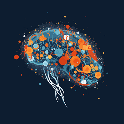A picture of a brain that symbolize creativity, expertise, Vector Syle, dark background, blue, white, orange