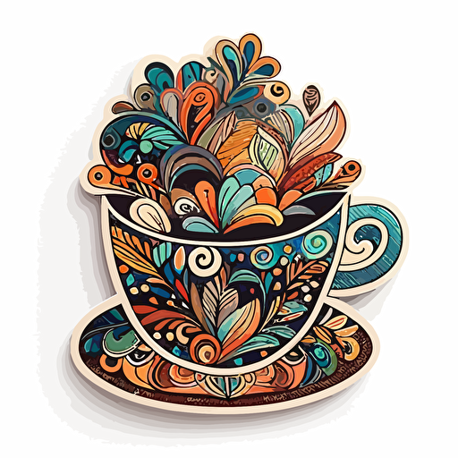 Cappuccino , Sticker, Delighted, Vibrant Color, Folk Art, Contour, Vector, White Background, Detailed