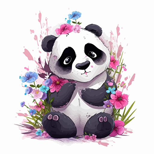 cute panda, flowers, detailed, cartoon style, 2d clipart vector, creative and imaginative, hd, white background