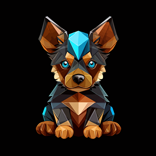 colorful origami tricolor Merle brown and grey puppy dog with one blue eye and one brown eye, vector art, black background