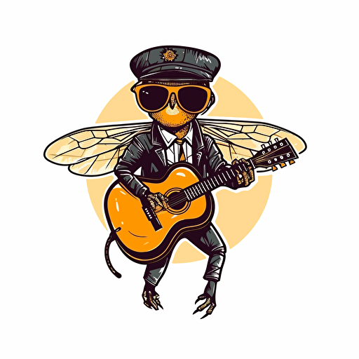 vectorial drawing of logo of a antropomorphic fruit fly wearing a suit and playing the guitar, sunglasses, punk rock clothing style, minimalistic