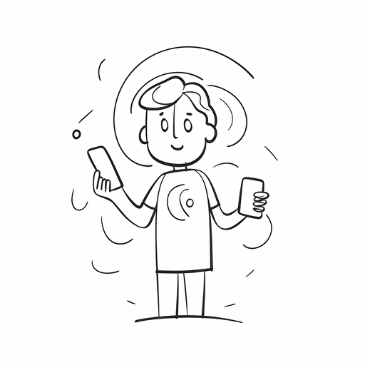 Person with a smartphone, white background, line drawing illustration, vector, simple, minimalist, whimsical and lively, cartoon mis-en-scene