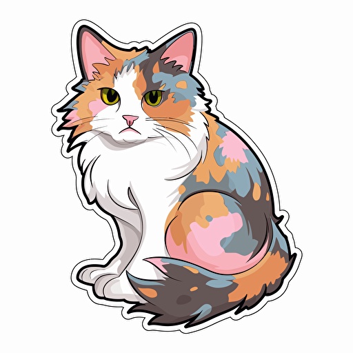Vector art of a calico cat, illustration stickers, vivid colors, colorful, pastel cute colors, white background