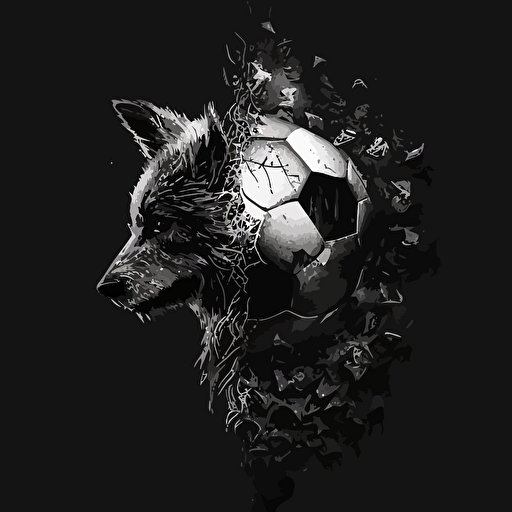 half soccer ball on the left side, half wolf head on the right side, vector image, black background