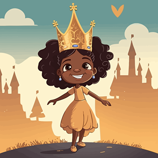 Vector Illustration of a beautiful, happy, light skin hue black little Girl Princess standing, no expression or emotion , wearing a golden crown with diamonds and sapphires.