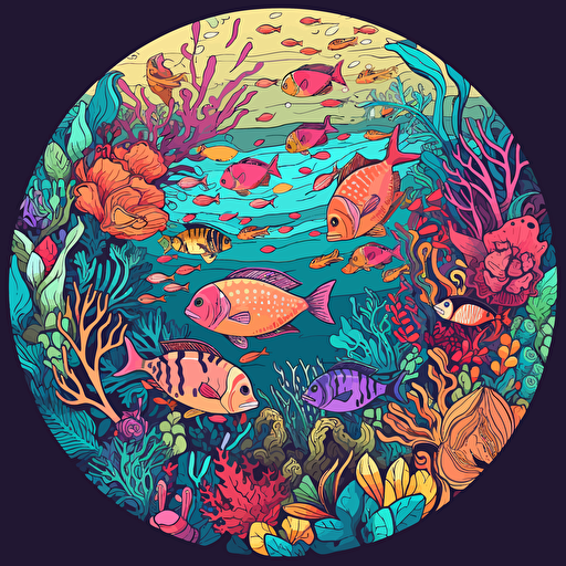 vector art sticker art of a bright tropical hawaii coral reef mandala, dacred geometry, tropical reef with fish, mandala