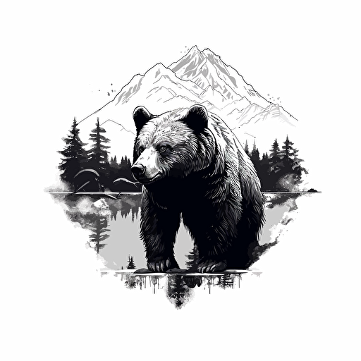 Grizzly bear eating a large chicken leg, black illustration on white, simple vector, black and white ::vector style