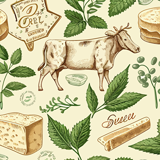 a cow, kitchen herbs, cheese, baggette drawings print seamless pattern vector, in the style of made of cheese, grit and grain, 1860–1969, carcore, beige, combining natural and man-made elements, highly detailed foliage