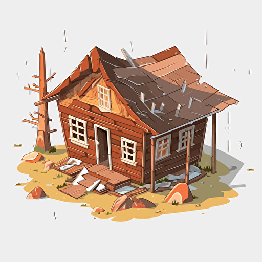 Low poly Cartoon vector style destoryed wooden hut, house of park ranger, broken roof, rotten wood, isometric view, transparent background