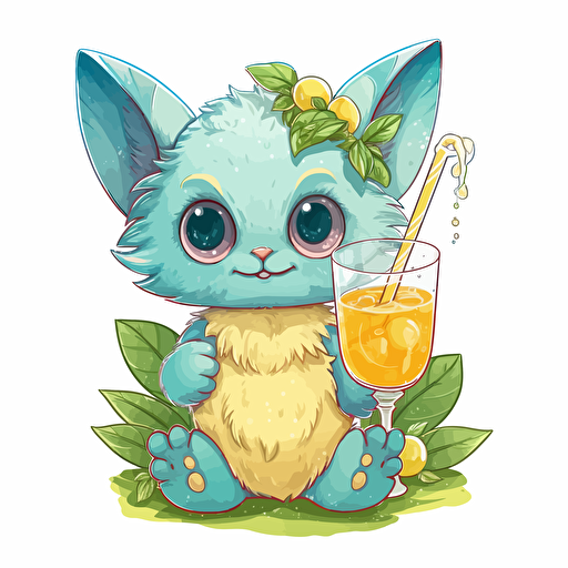 cute creature with a glass of lemonade, summer highly detailed colorful, vector art, white background, ghibli studio style