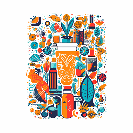 A flat vector illustration whimsical, abstract, imaginative, creative, pharmaceutical, nature, colors yellow orange, blue and green, black and white, on white,