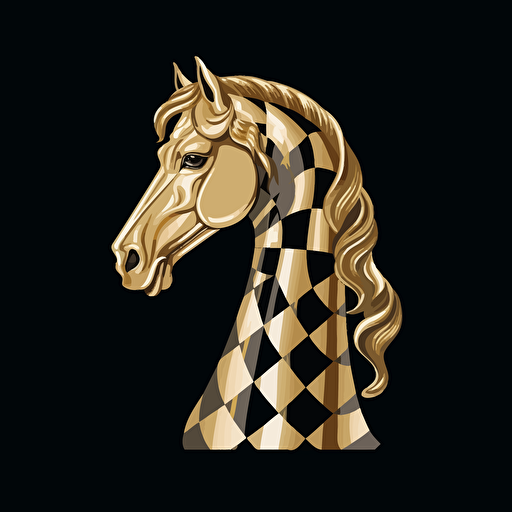 a horse chess piece, vector art, gold and white color, black background