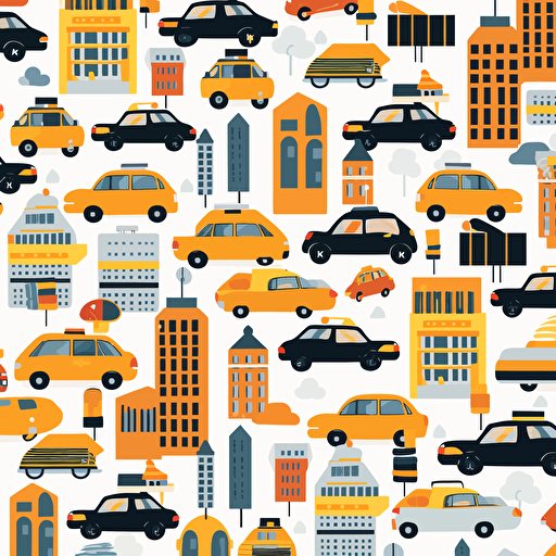 On a white background lots of small taxis New York flat vector illustration cartoon patterns