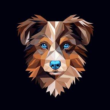 colorful origami tricolor Merle brown and grey Australian shepherd puppy dog with one blue eye and one brown eye, vector art, black background