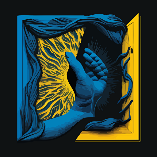 A vector illustration, of a hand in the same profile position as the creation of Adam, entering the digital world, only in blue, yellow and black tones, to create a dynamic composition that focuses on the division of the real and the virtual.